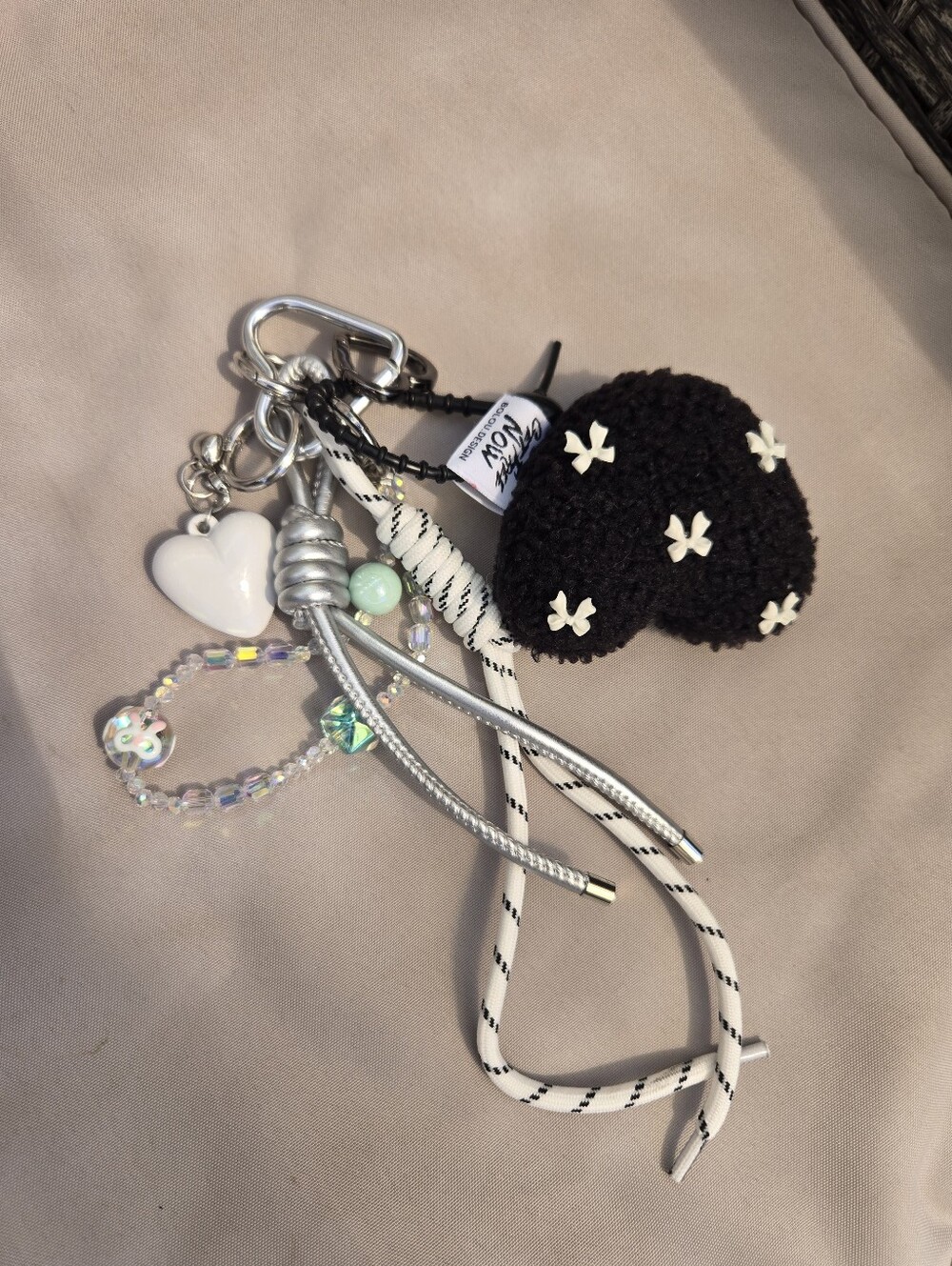 Charm Keychain with Black Knit Heart and Bead Accents